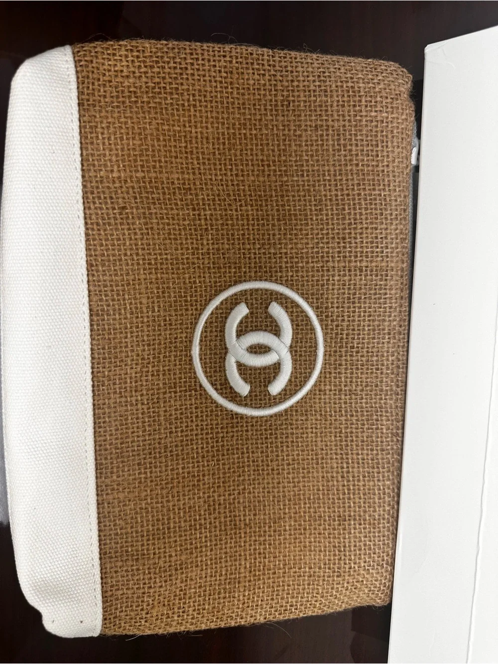 CHANEL Brown and White Woven Cosmetic Pouch with Logo